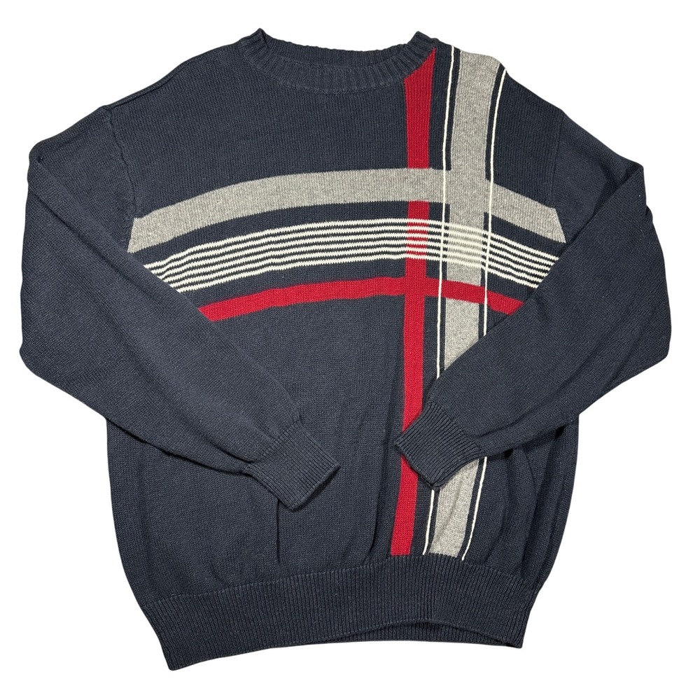 Roundtree & Yorke Mens XL Navy Blue Geometric Stripe Ramie Cotton Knit Sweater